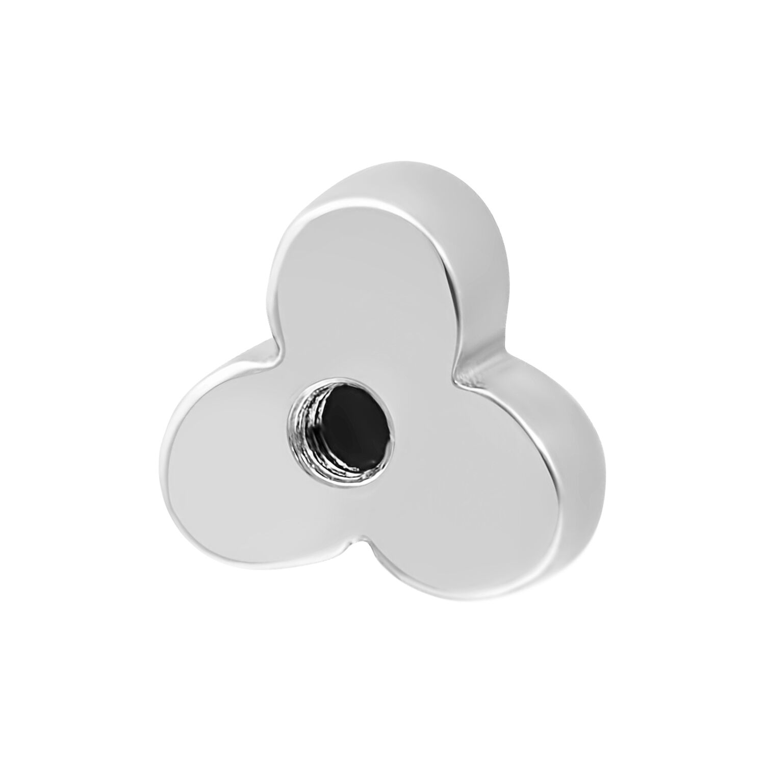 Accesorio plateado para rosca externa en forma de trébol, cristal claro, sobre fondo blanco