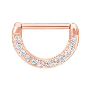 Clicker para pezón de oro rosa de acero quirúrgico con cristales claros sobre fondo blanco