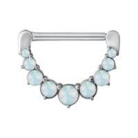 Clicker para pezón plateado con siete piedras de opalo sintético sobre fondo blanco