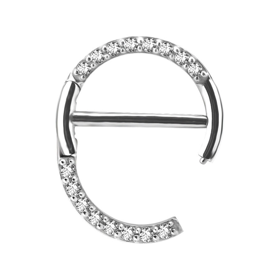 Clicker para pezón de plata con cristales, 12mm de longitud, sobre fondo blanco