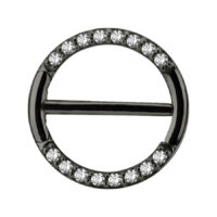 Clicker de pezón pavé negro con cristales claros sobre fondo blanco