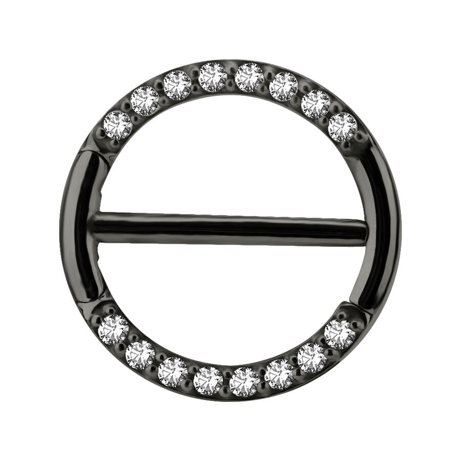Clicker de pezón pavé negro con cristales claros sobre fondo blanco