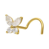 Nostril de Mariposa de Moissanita en Oro 14K Nostril en Oro 14K en forma de mariposa con cristales claros de Moissanita sobre fondo blanco