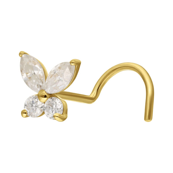 Nostril en Oro 14K en forma de mariposa con cristales claros de Moissanita sobre fondo blanco