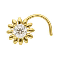 Nostril dorado en forma de girasol con Moissanita clara sobre fondo blanco