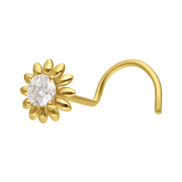 Nostril dorado con diseño de girasol y Moissanita clara sobre fondo blanco