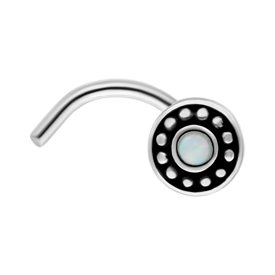 Piercing nasal de acero quirúrgico con ópalo blanco sintético, forma curva