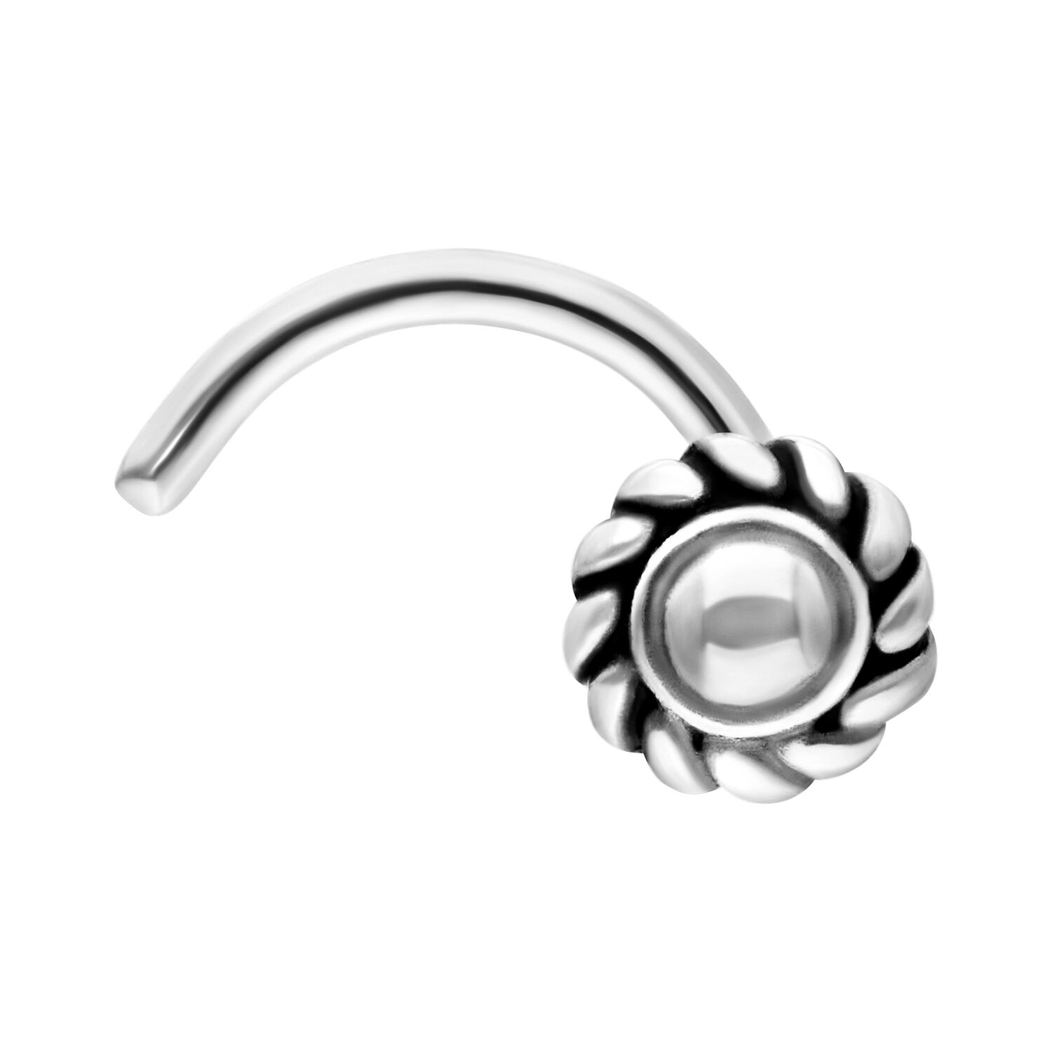 Piercing de nariz plateado con diseño de pinwheel sobre fondo blanco