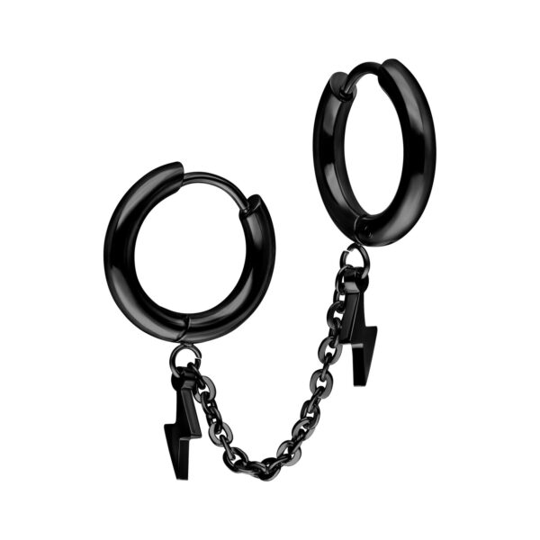 Aros Doble Huggie negros con colgante de rayo y cadenita
