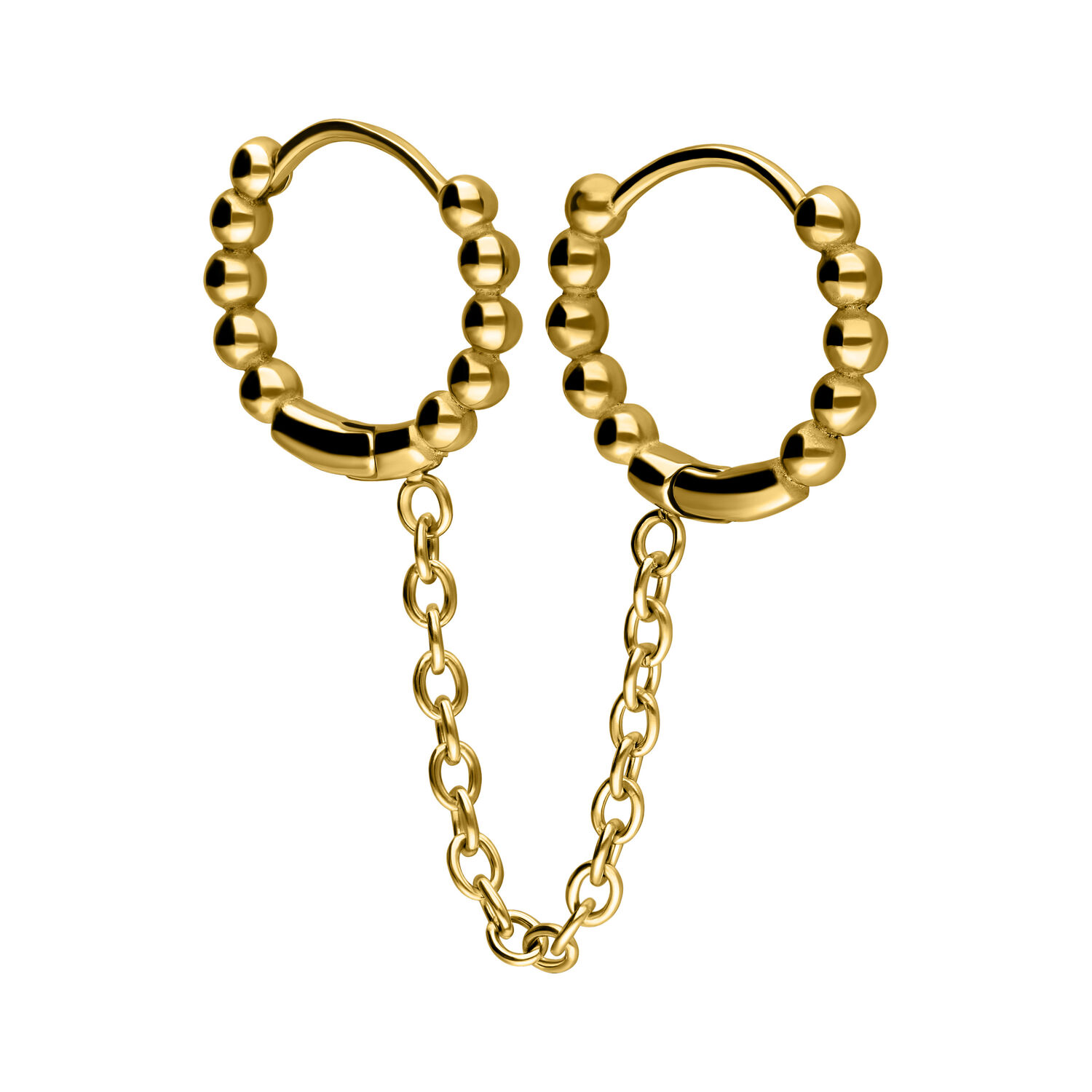Aros de piercing dorados con diseño de bola y cadena de conexión sobre fondo blanco