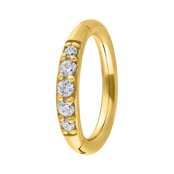 Anillo de piercing dorado con cristales claros sobre fondo blanco