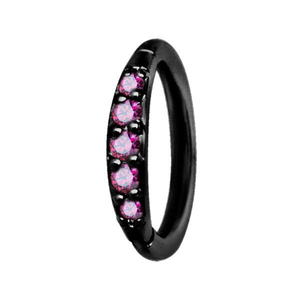 Anillo de piercing negro con cristales fucsias, grosor de 1,2 mm