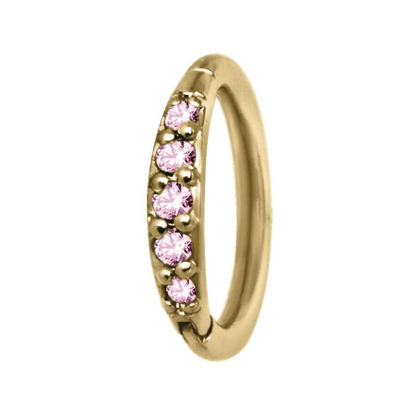 Anillo de piercing dorado con cristales rosas sobre fondo blanco