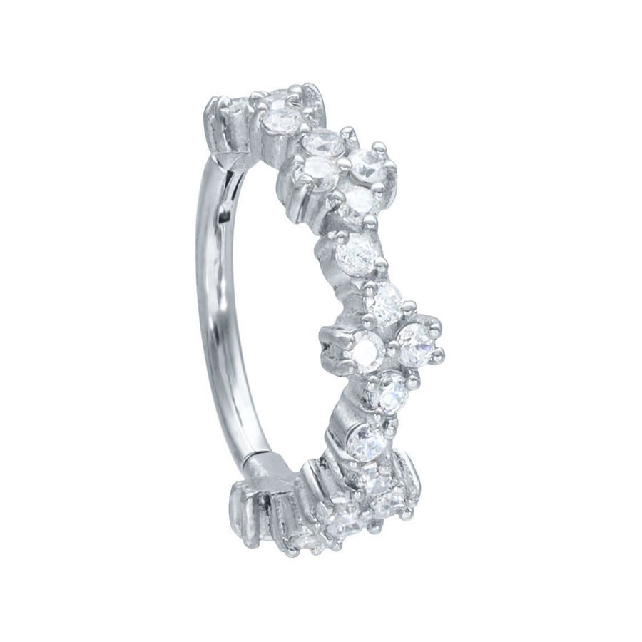 Clicker de tiara plateado con piedras cristalinas sobre fondo blanco