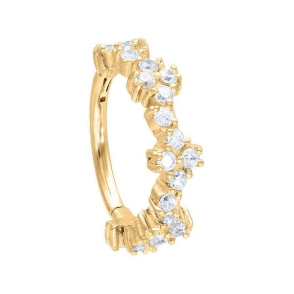 Anillo de piercing dorado, 12mm, con cristales claros sobre fondo blanco
