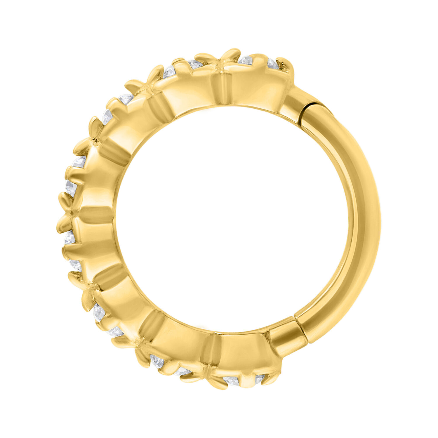 Anillo de piercing dorado con cristales claros sobre fondo blanco