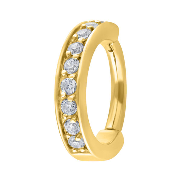 Anillo dorado con bisagra, 8 mm de diámetro interior, con cristales claros sobre fondo blanco