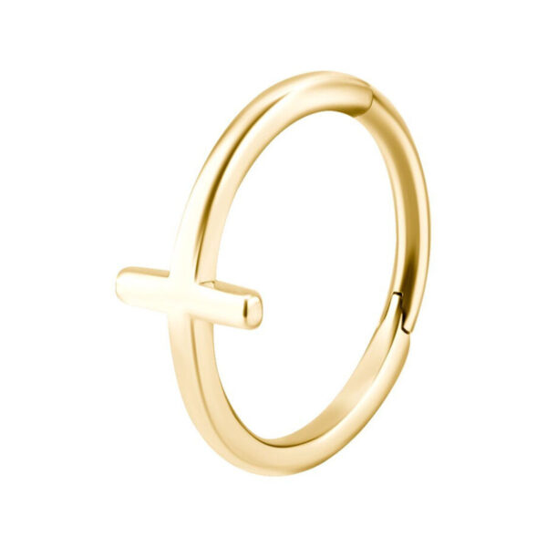 Anillo de cruz articulado dorado, diámetro interno de 12 mm, sobre fondo blanco