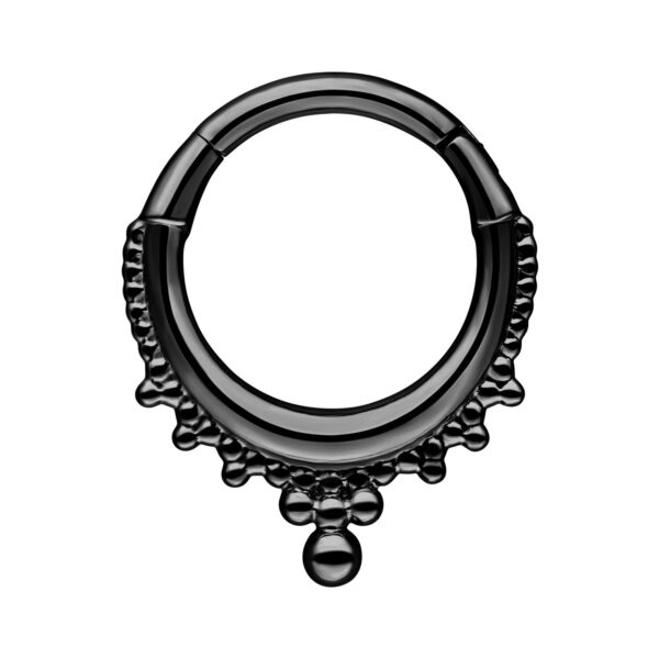 Anillo de piercing negro de acero quirúrgico con diseño de corona sobre fondo blanco