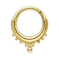 Crown Clicker - Oro, Acero Quirúrgico, 8mm Anillo de piercing dorado con diseño de corona, hecho de acero quirúrgico sobre fondo blanco