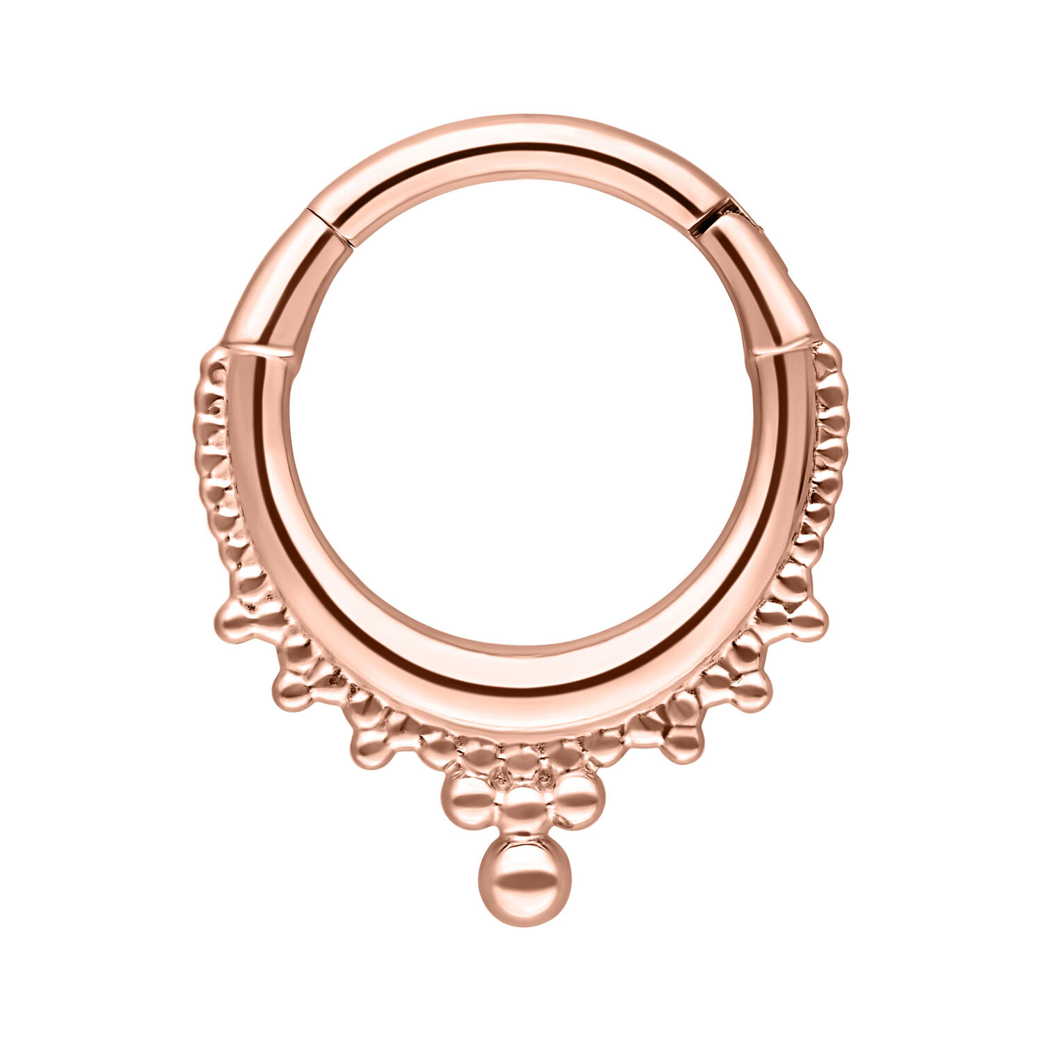 Anillo de piercing roségold con bolas decorativas sobre fondo blanco