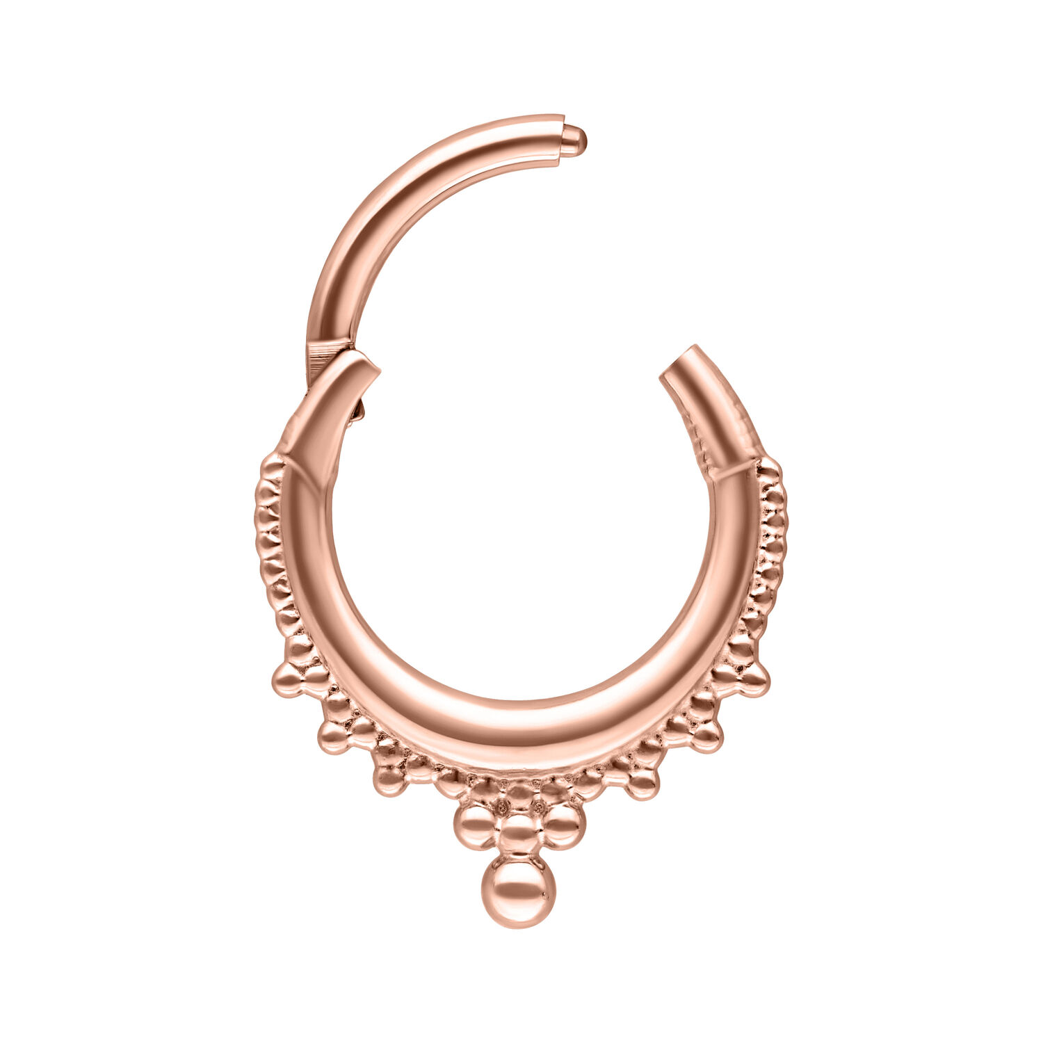 Argolla de piercing Crown Clicker en oro rosado con un diámetro interno de 8mm sobre fondo blanco