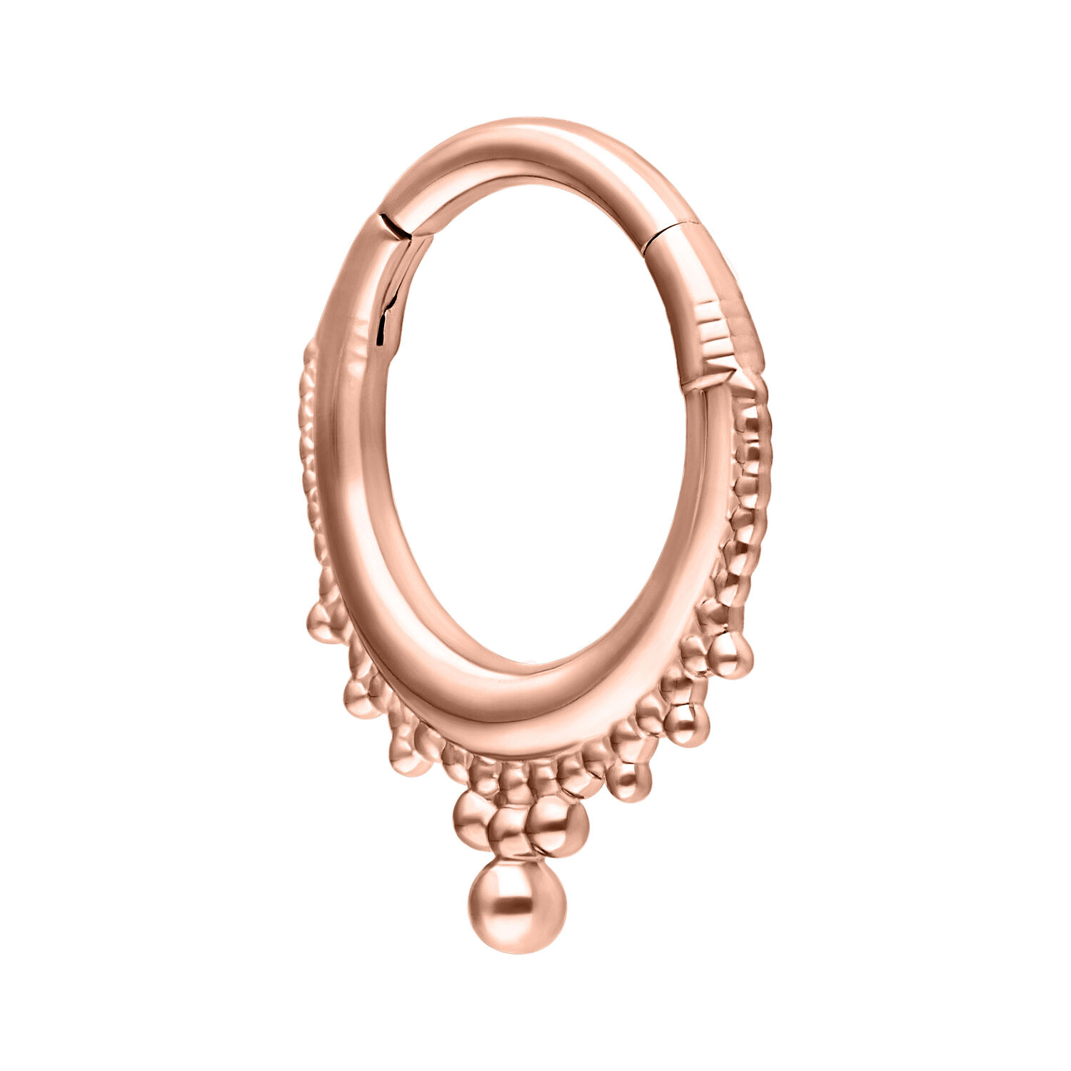 Anillo de piercing Crown Clicker en oro rosa con diseño de bolas sobre fondo blanco