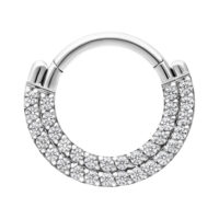 Clicker de doble fila con cristales en plata Aro plateado para piercing con dos filas de cristales transparentes sobre fondo blanco