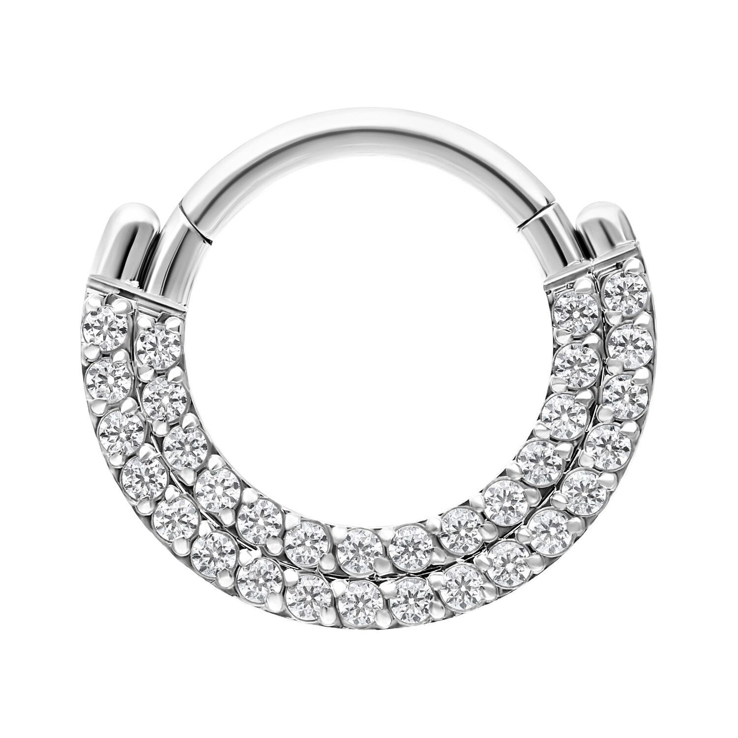 Clicker de doble fila con cristales en plata Aro plateado para piercing con dos filas de cristales transparentes sobre fondo blanco