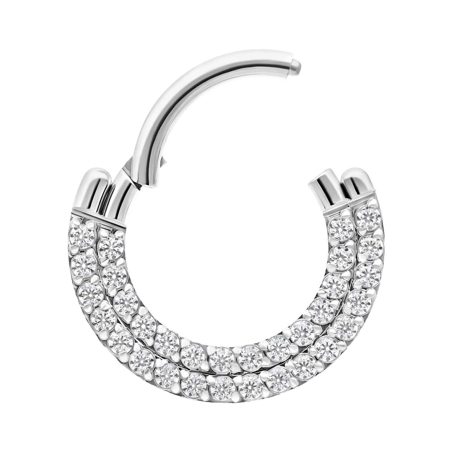 Clicker de doble fila con cristales en plata Aro plateado para piercing con doble fila de cristales sobre fondo blanco