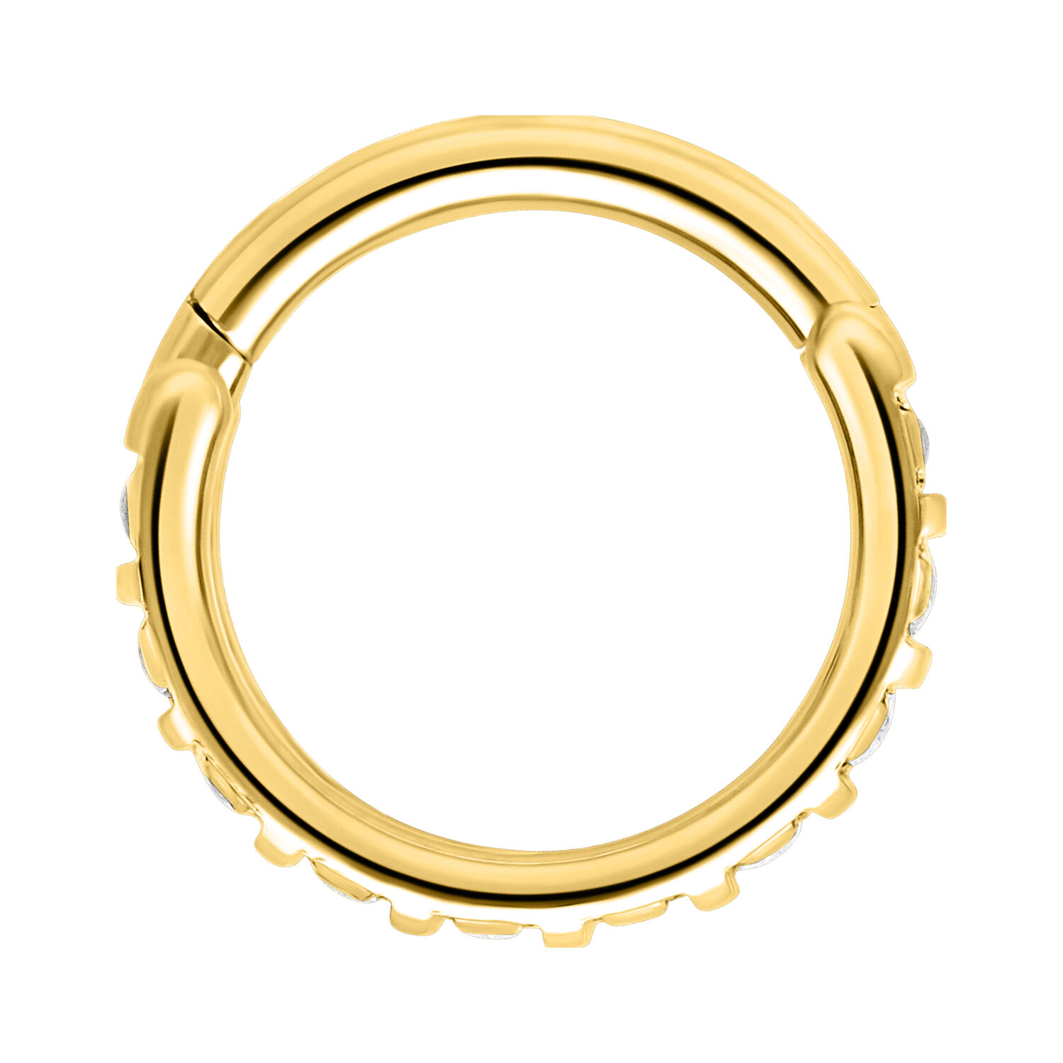 Aro Piercing Clicker de Cristal Baguette Dorado Aro de piercing dorado con cristales claros sobre fondo blanco