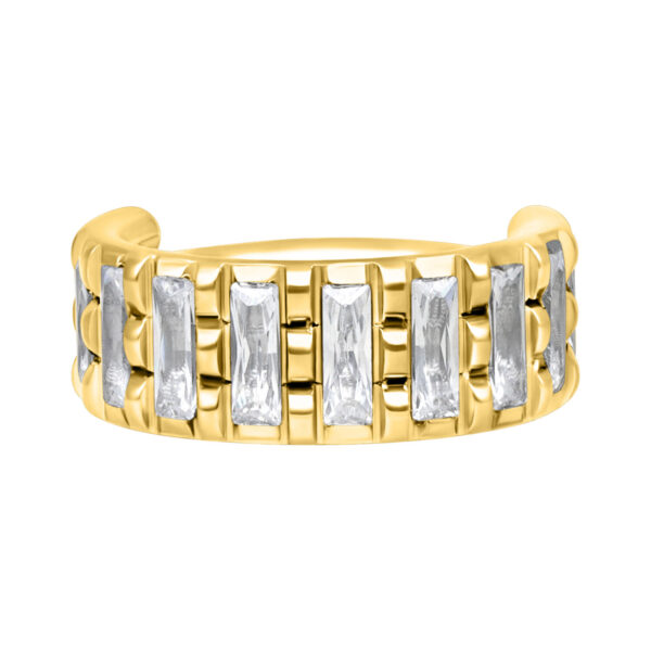Aro de piercing dorado con cristales claros sobre fondo blanco