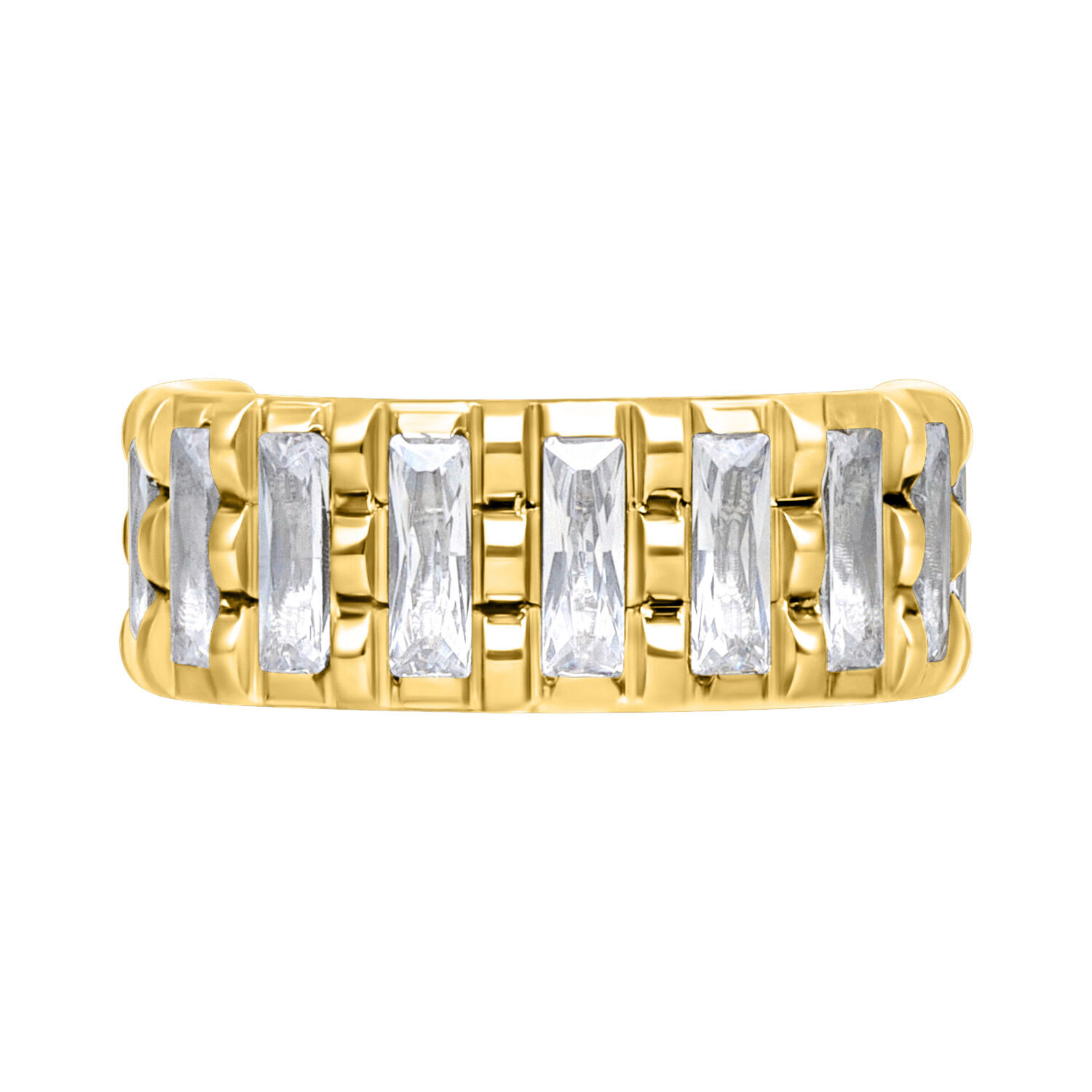 Baguette Crystal Clicker en oro con cristales Anillo de piercing dorado con cristales baguette claros sobre fondo blanco