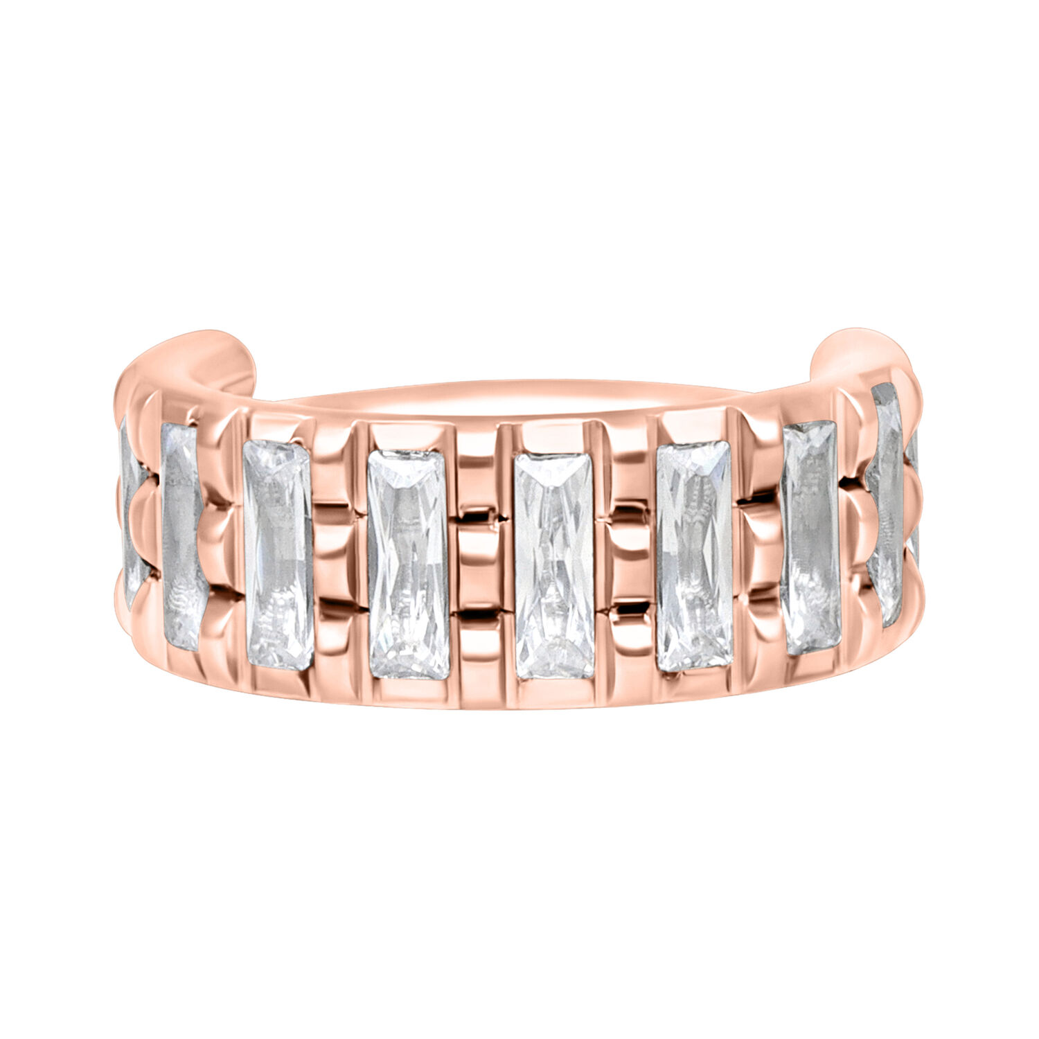 Anillo de piercing en oro rosa con cristales claros sobre fondo blanco