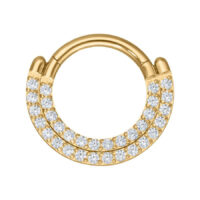 Aro Clicker Dorado con Doble Fila de Cristales Aro de piercing dorado con dos filas de cristales claros sobre fondo blanco
