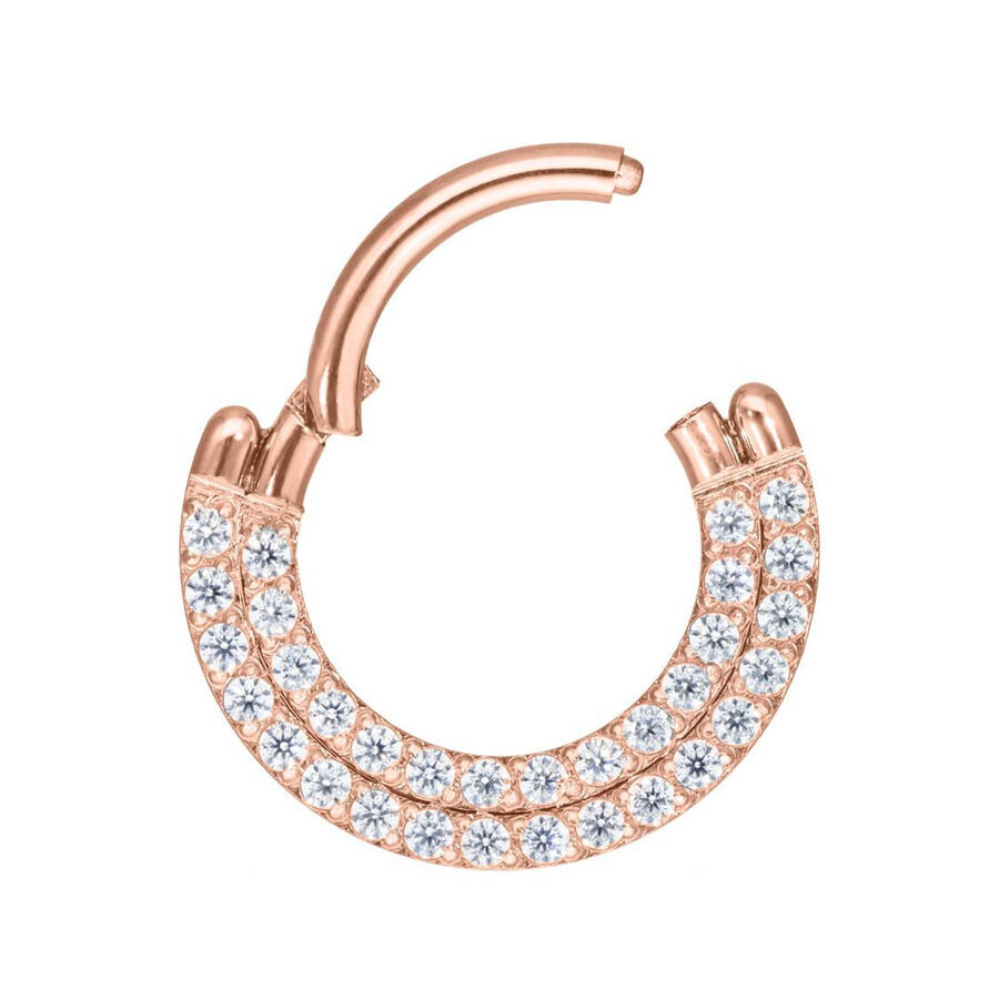 Clicker con Doble Fila de Cristales en Oro Rosa Anillo de piercing en oro rosa con doble fila de cristales sobre fondo blanco