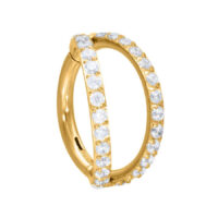 Clicker dorado Double Crystal con cristales Anillo de piercing dorado con doble fila de cristales sobre fondo blanco