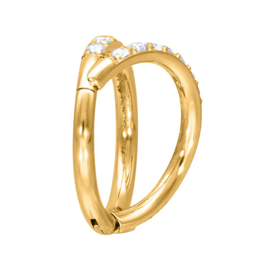 Clicker Piercing Doble Cristal Dorado Anillo clicker dorado con cristales claros sobre fondo blanco