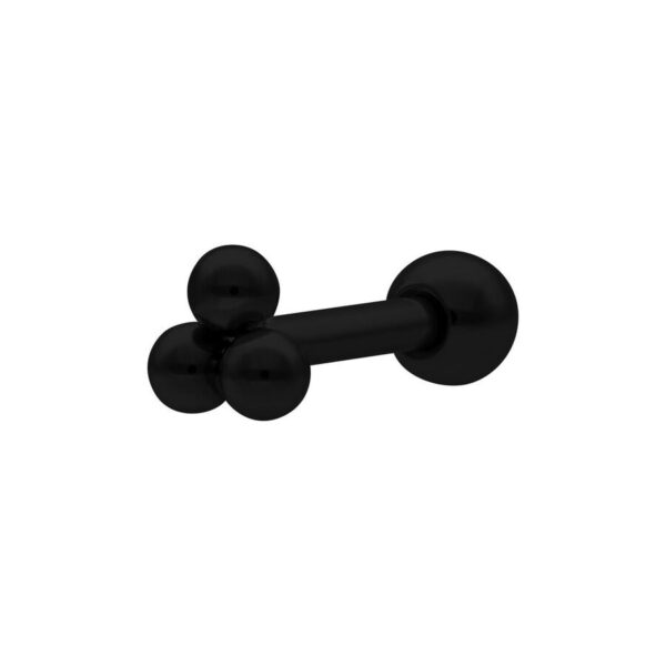Barbell negro con tres bolas sobre fondo blanco