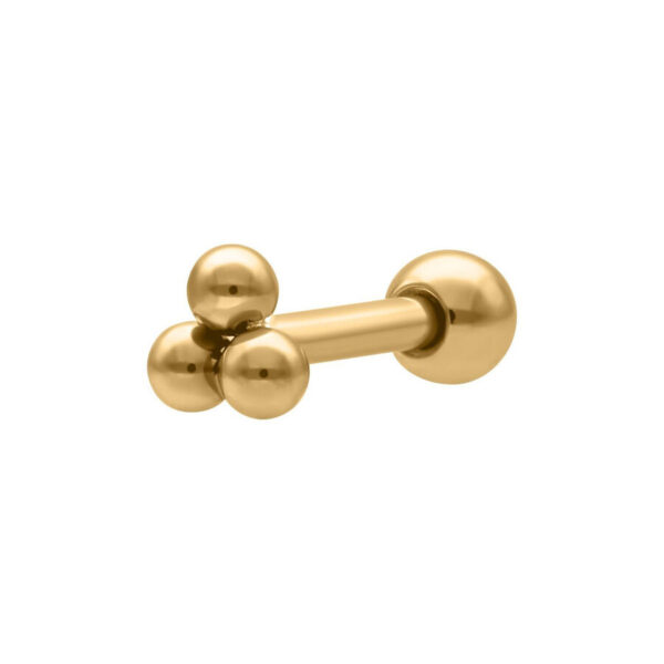Barbell dorado con tres bolas sobre fondo blanco