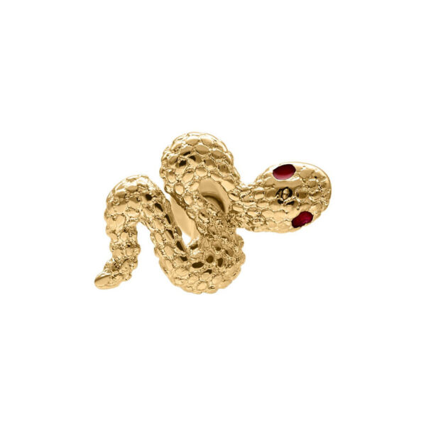 Barra de serpiente dorada con ojo rojo brillante sobre fondo blanco