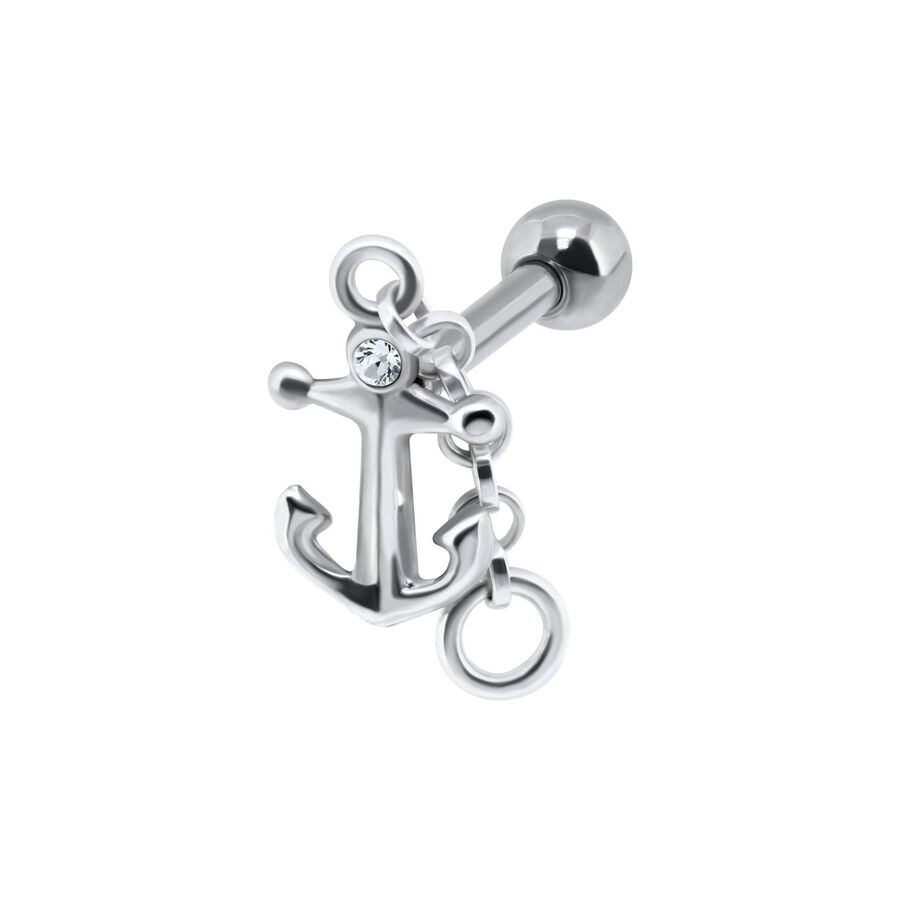 Barbell de oreja plateado en forma de ancla con cristal claro sobre fondo blanco