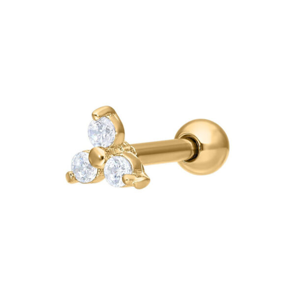 Barra de oro para oreja con tres cristales claros sobre fondo blanco