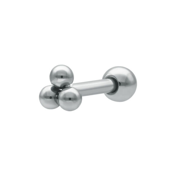 Barbell de oreja plateado con tres bolas sobre fondo blanco