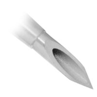 Primer plano de una cánula Optiva de acero quirúrgico con punta afilada