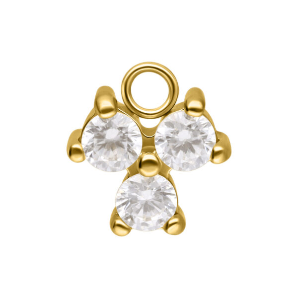 Colgante dorado con tres cristales claros sobre fondo blanco