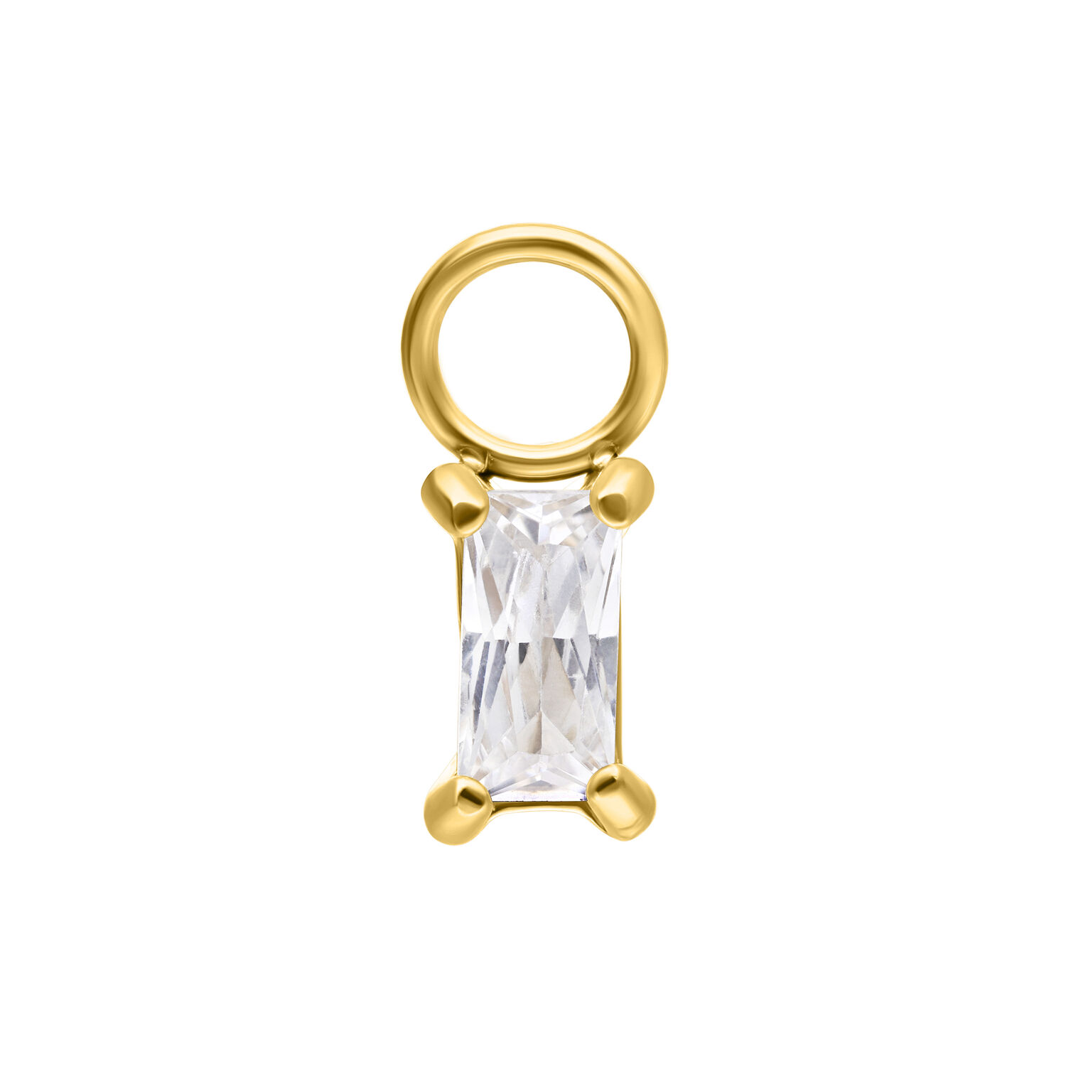 Colgante de piercing dorado con cristal claro sobre fondo blanco