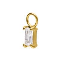 Colgante dorado para piercing con cristal rectangular sobre fondo blanco