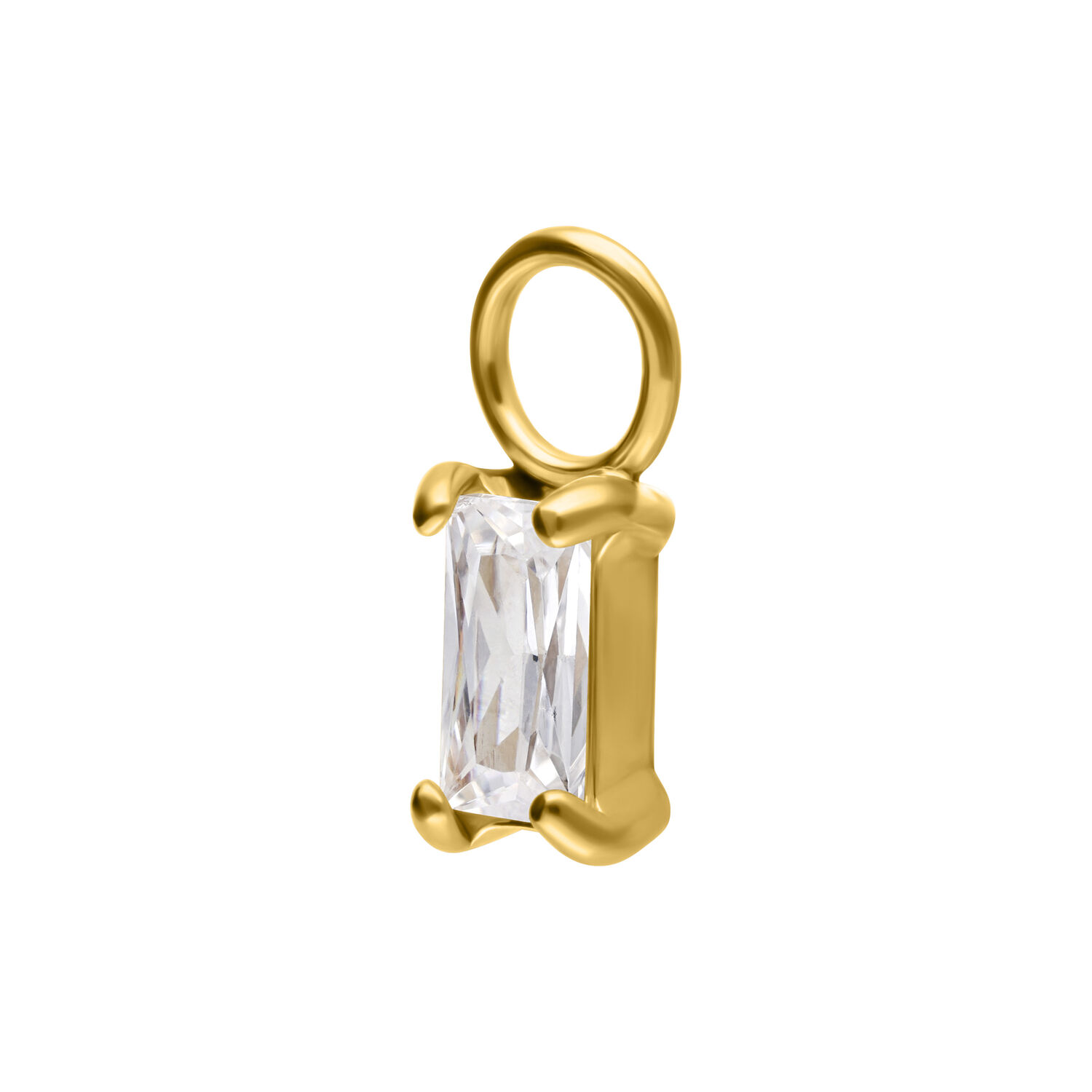 Colgante dorado para piercing con cristal rectangular sobre fondo blanco