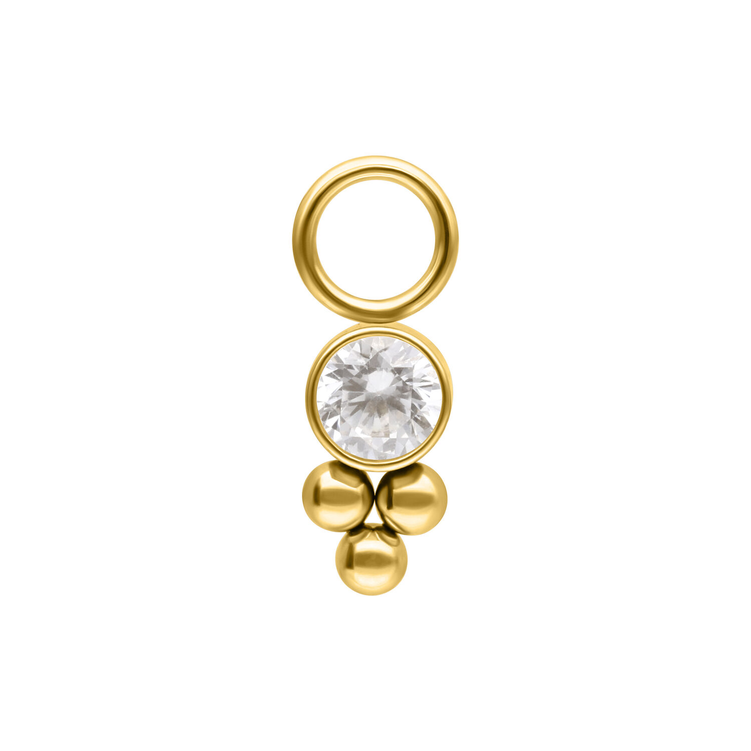 Colgante de piercing dorado con cristal sobre fondo blanco